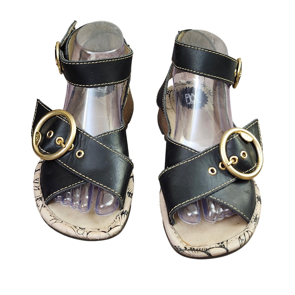 Fly London Black Leather Wedge Sandals Gold Buckle  Chunky‎ Gorpcore Sz 37/ 6.5